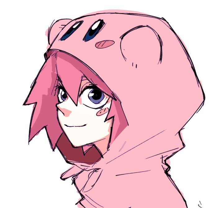 a sketch of an anime boy with pink hair, wearing a pink hoodie where the hood makes it look like the face hole is kirby's mouth